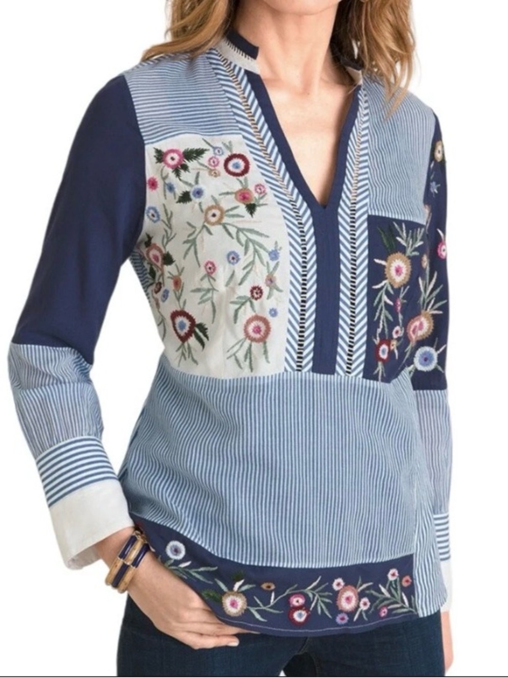 Chico’s Patchwork Embroidered Long Sleeve Blouse sz 1P (8/10 P) Mixed Media Boho